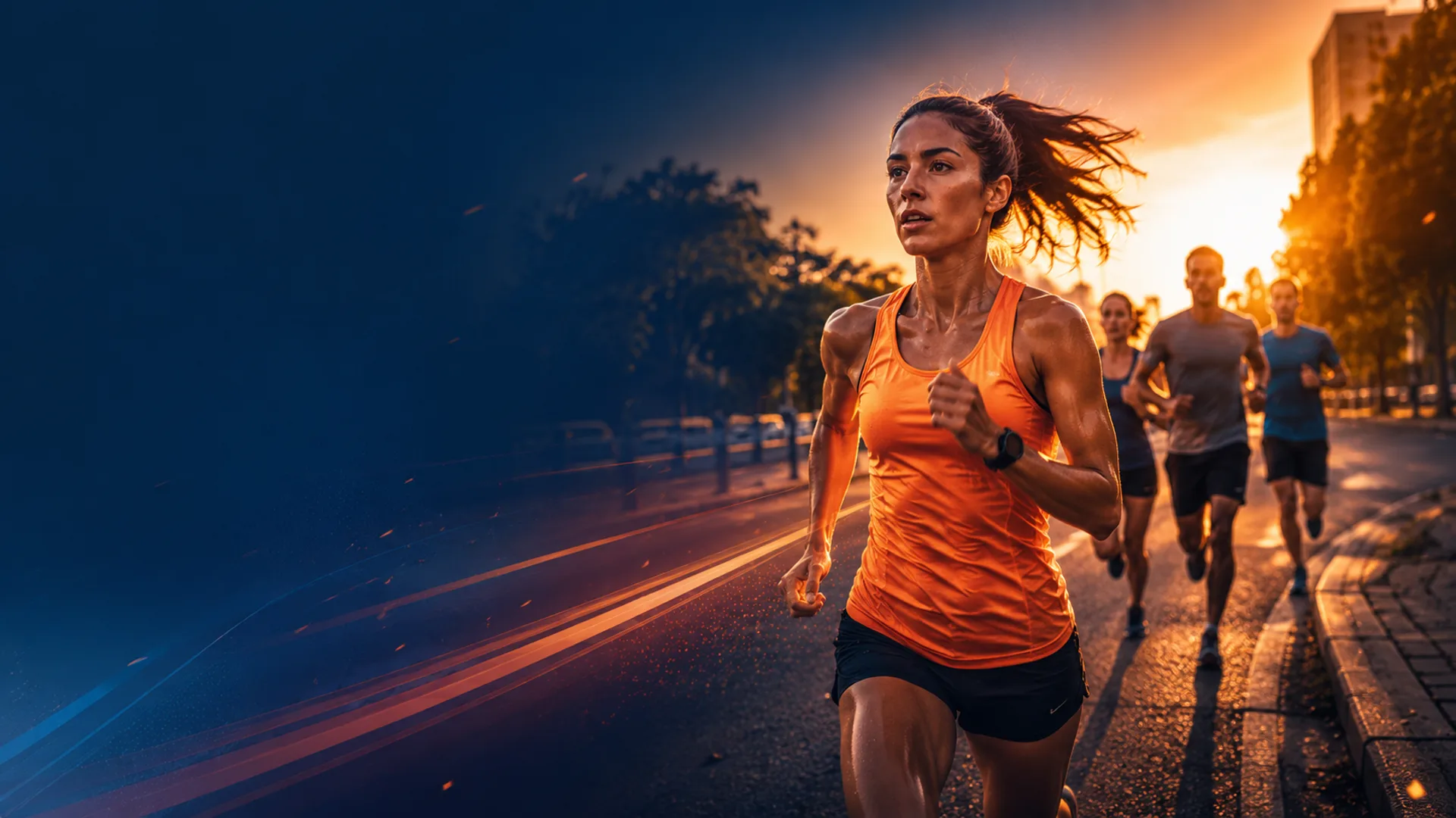 Corredores em disputa numa corrida de rua ao amanhecer — 1º Circuito da ETVC